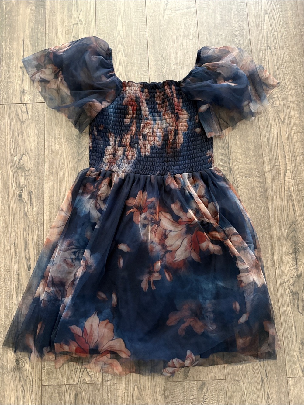 Baltic Born Navy Floral Smocked Mesh Mini Dress - Picture 2 of 4